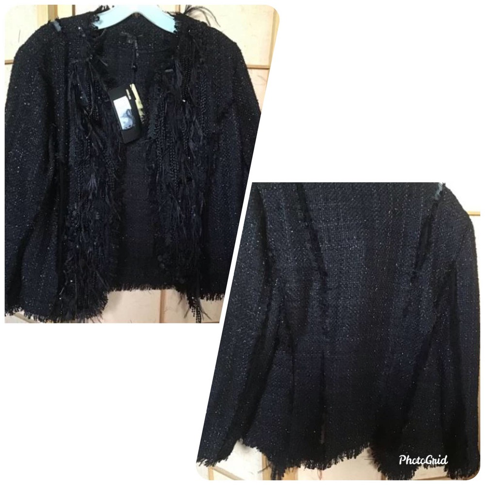ALBERTO MAKALI Black Feather Sequins Open Front Blazer Jacket L